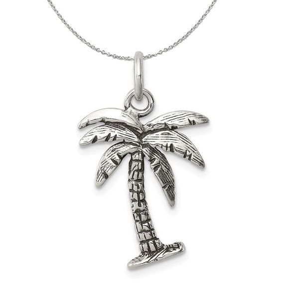 Sterling Silver 3D Antiqued Palm Tree Necklace - 18 Inch